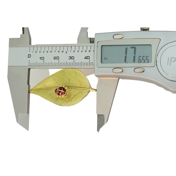 LIA Green Enamel Leaf Ladybug Trembler Brooch Pin, Signed M453 - Picture 6 of 7